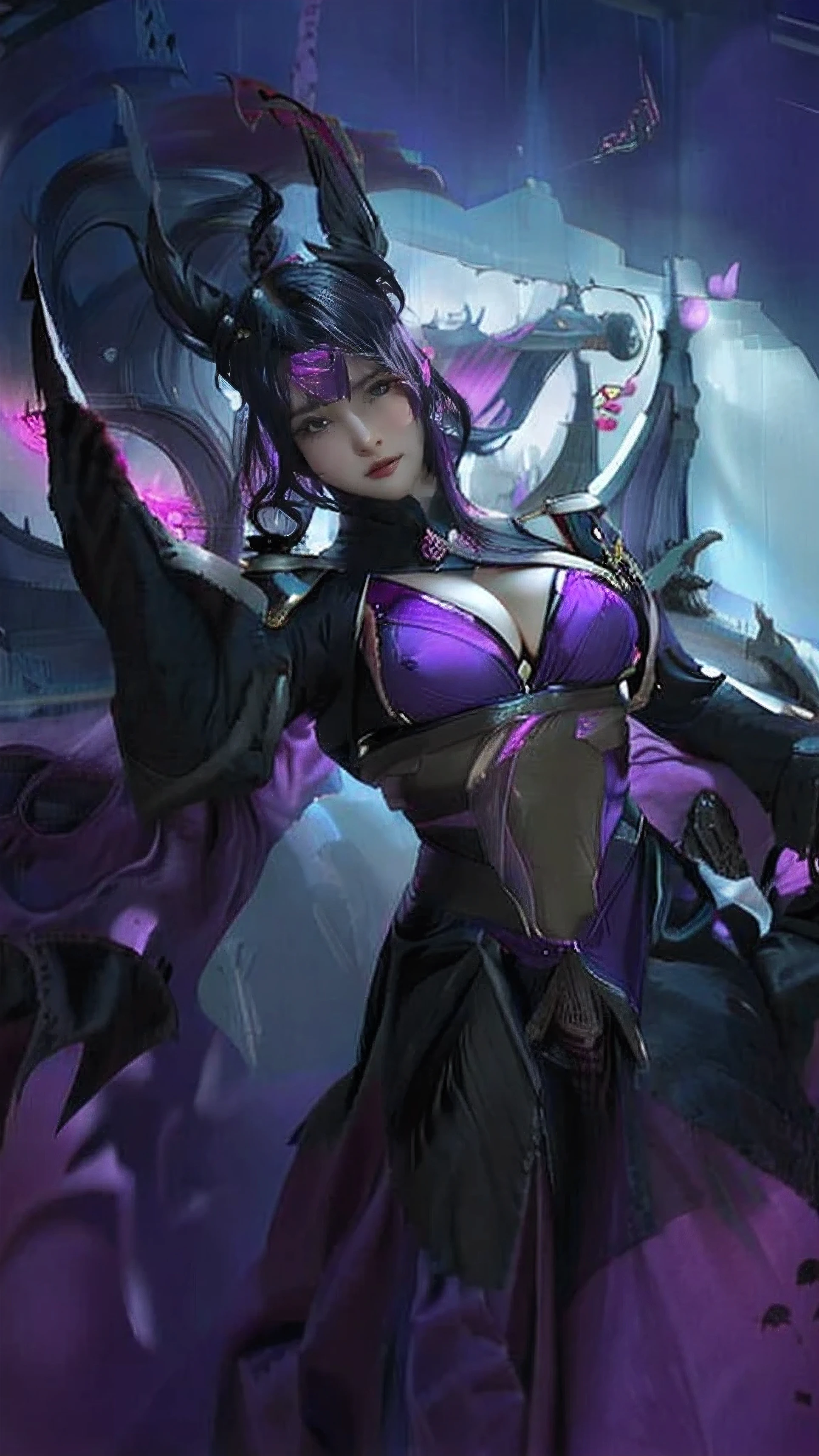 a close up of a woman in a purple Lingerie, fuchsia skin below the armor, big oppai, leblanc, fuchsia skin beneath the armor, morgana, style league of legends, league of legends character, style of league of legends, splash art, irelia, beautiful succubus, nocturne from league of legends, morgana from league of legends