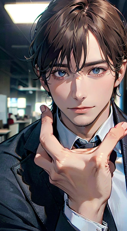 (best quality,4k,8k,highres,masterpiece:1.2),ultra-detailed,(realistic,photorealistic,photo-realistic:1.37),1 man,31 years old,mature man,very handsome,without expression,smile,short grey brown hair,blue eyes,penetrating gaze,perfect face without errors,imposing posture,businessman,office background,cinematic lighting,hdr image