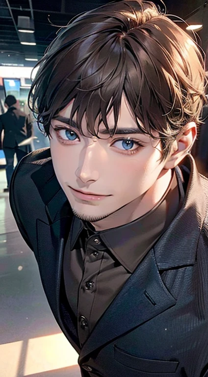 (best quality,4k,8k,highres,masterpiece:1.2),ultra-detailed,(realistic,photorealistic,photo-realistic:1.37),1 man,31 years old,mature man,very handsome,without expression,smile,short grey brown hair,blue eyes,penetrating gaze,perfect face without errors,imposing posture,businessman,office background,cinematic lighting,hdr image