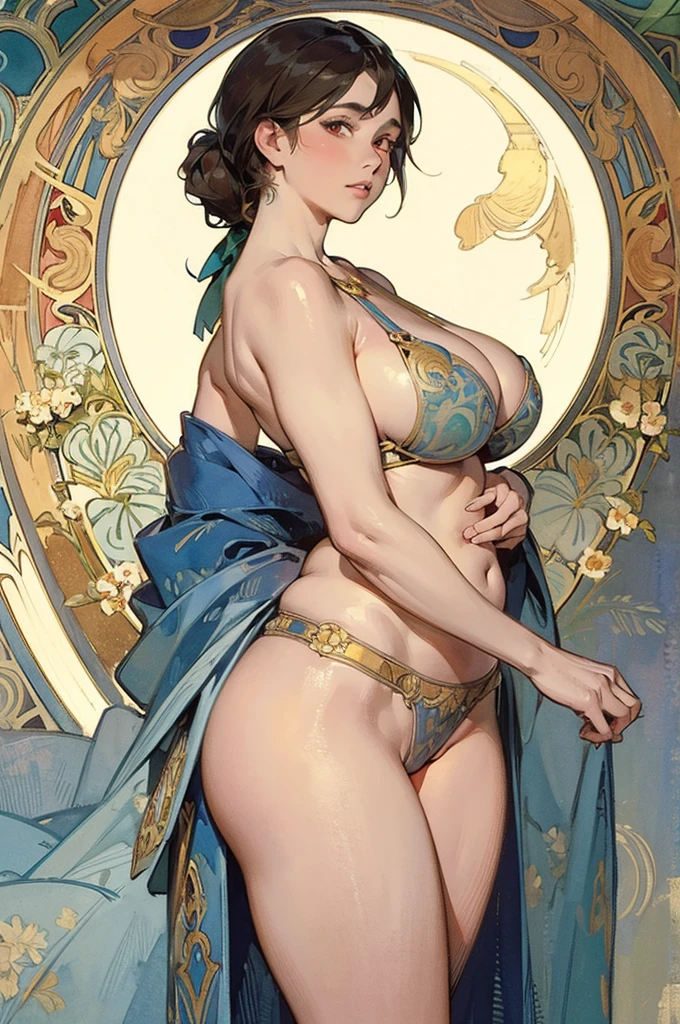 ((masterpiece)), (Highest quality), (work), Art Nouveau watercolors , Moon Goddess , Big Breasts,Robe,String,Show me your neck,Exposing shoulders,Showing your belly button,Camel toes are exposed,Big eyes, length, Thick eyelashes, Fuller lips, Dark red eyes, hair length and thick, High Ponytail, Chubby, Flower-like_background, Intricate designs and patterns in the style of Alphonse Mucha.From the butt