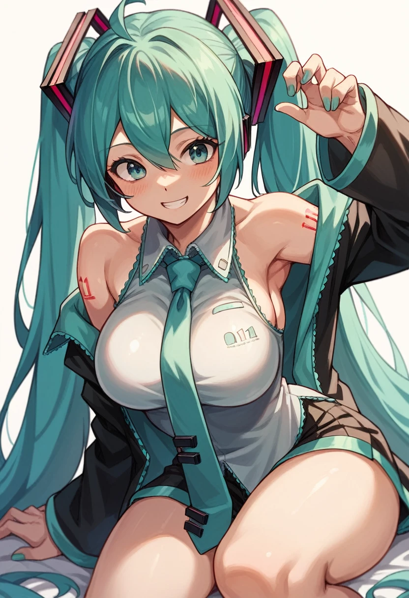 Hatsune miku smiling with big breasts and thighs