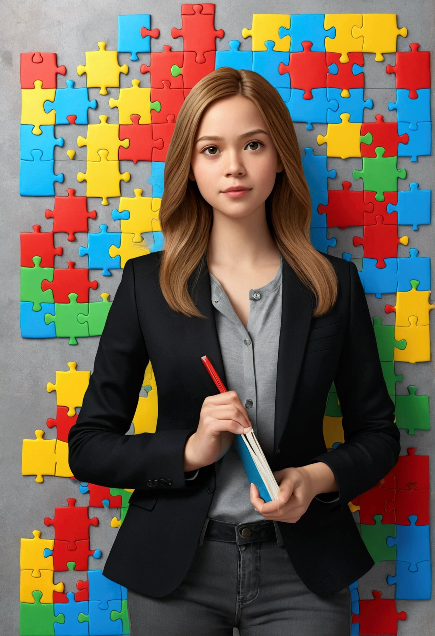 3D Pixar style poster. woman with light skin, very straight dark blonde HAIR, light brown eyes, black blazer, black jeans, gray shirt, white sneakers, notebook in hand, BACKGROUND WITH RED, blue, green and yellow PUZZLE.
