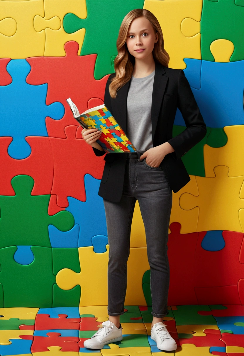 3D PIXAR STYLE POSTER. woman with fair skin, Wavy blonde hair , greeneyes, black blazer, black jeans pants, gray shirt, White sneakers, notebook in hand, BACKGROUND WITH RED PUZZLE, cerúleo, green and yellow.