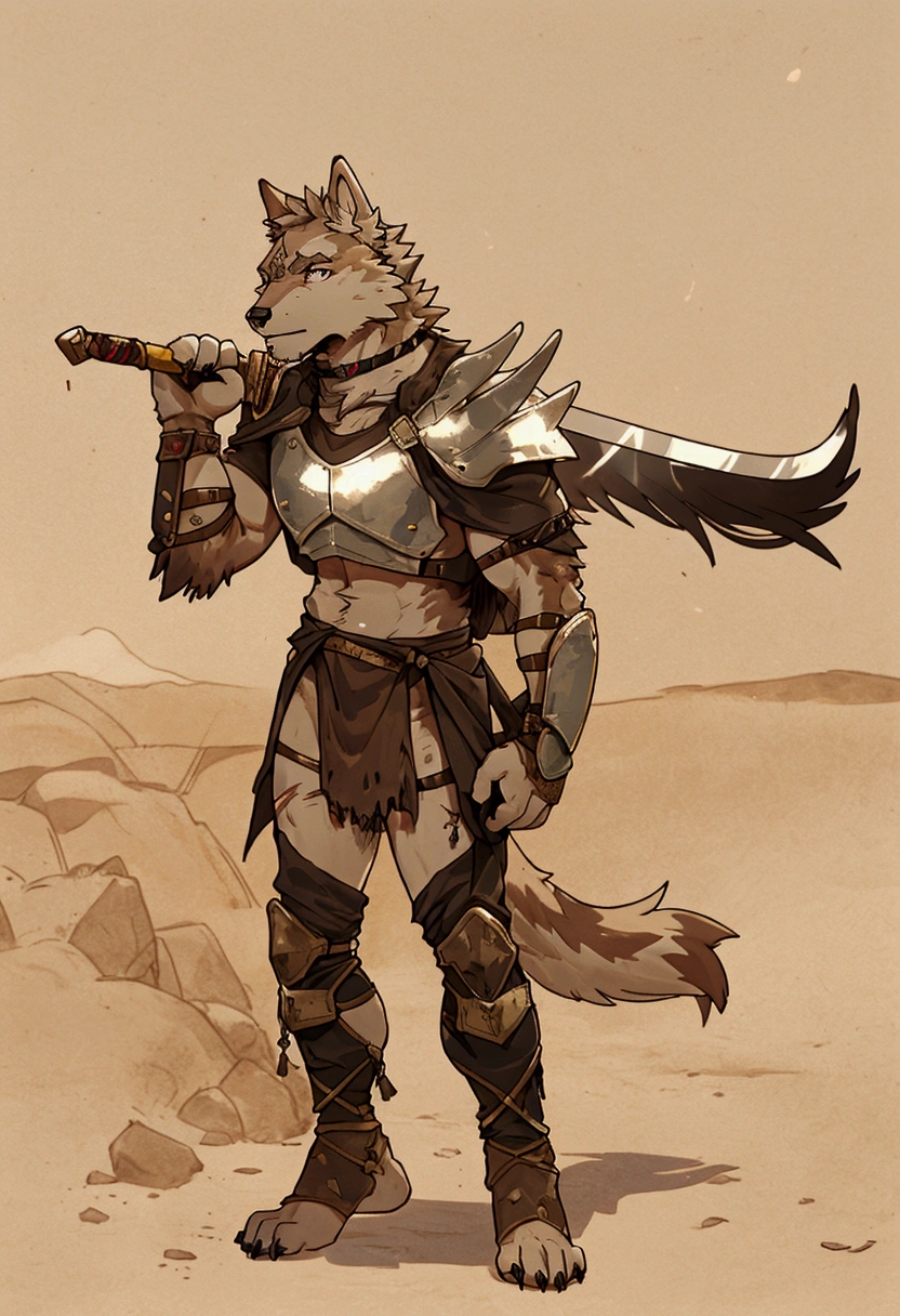 Solo Sexy young anthro furry wolf male mercenary medieval solider, slim endomorph muscular, anthro handsome gay shorter muzzle, handsome gay model male apperance, sword scars, worn out leather skimpy armament, low on hips heavy leather belt, old very worn out skimpy dirty linen material jockstrap, old yellow dirty worn out stains on white sawn jockstrap, very visible "x" brown seam pattern on the jockstrap, studded skimpy armlets breastplate armor, skimpy breastplate, leather bondages, fingerless leather gloves, smelly unwashed furr, dirty body look, desert battlefield, standing in sexy fighting position, close view of full character, blooded furr, blooded sword