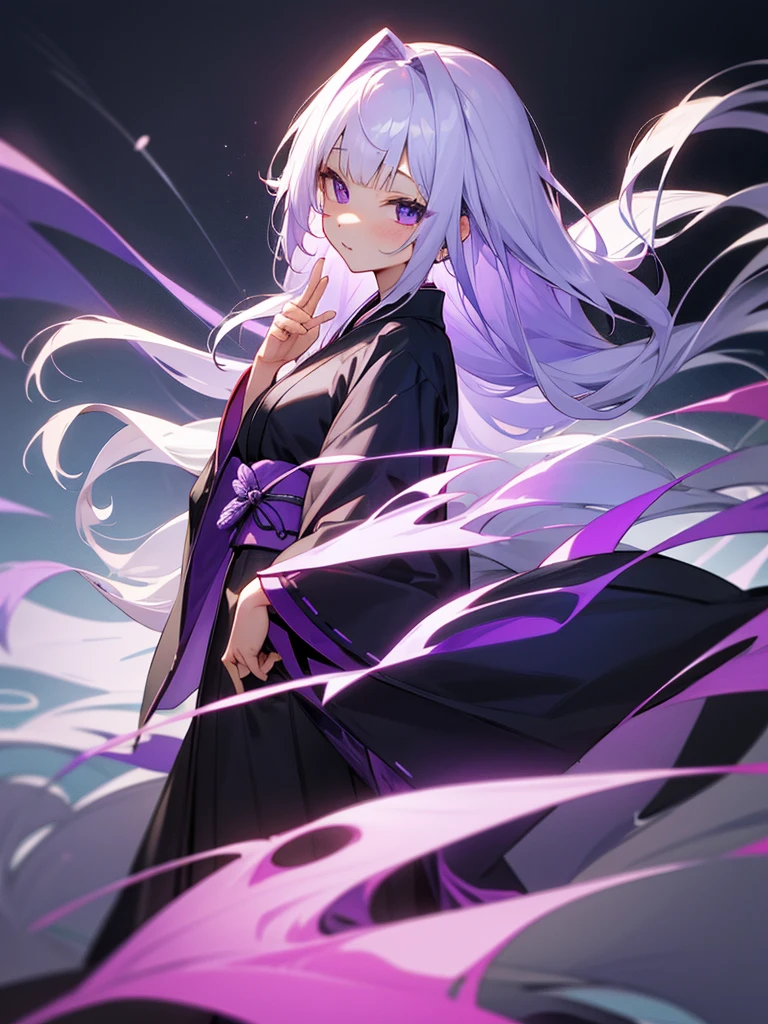 Look forward、On the left is a purple haori jacket draped over a black kimono.、Pure white hair、The tips of the hair are purple