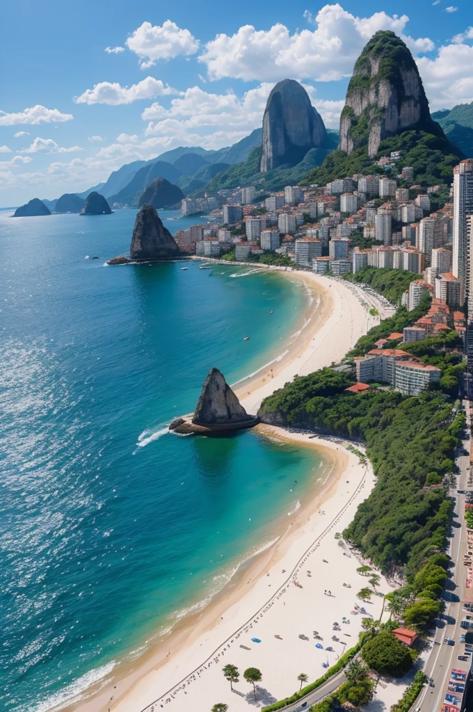 1D pointillist drawing of Urca beach on a sunny day