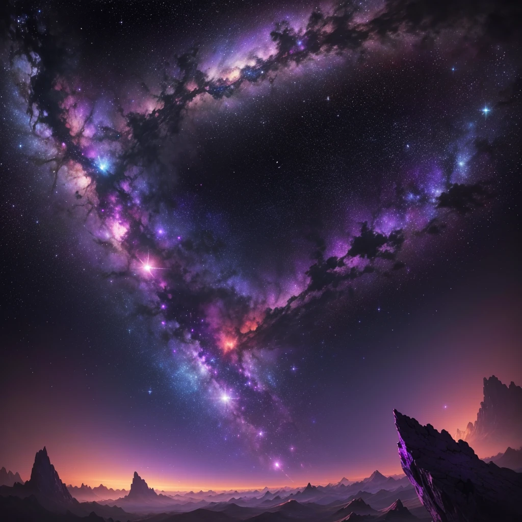 A cosmic scene featuring a vast expanse of space in various shades of purple. The image includes swirling nebulae and distant galaxies with vibrant hues of violet, lavender, and deep indigo. Stars and celestial objects are scattered across the scene, glowing softly against the purple backdrop. The space has a dreamy and otherworldly quality, with subtle gradients and star clusters creating a sense of depth and infinite expanse. The overall atmosphere is mystical and captivating, evoking a sense of wonder and exploration.