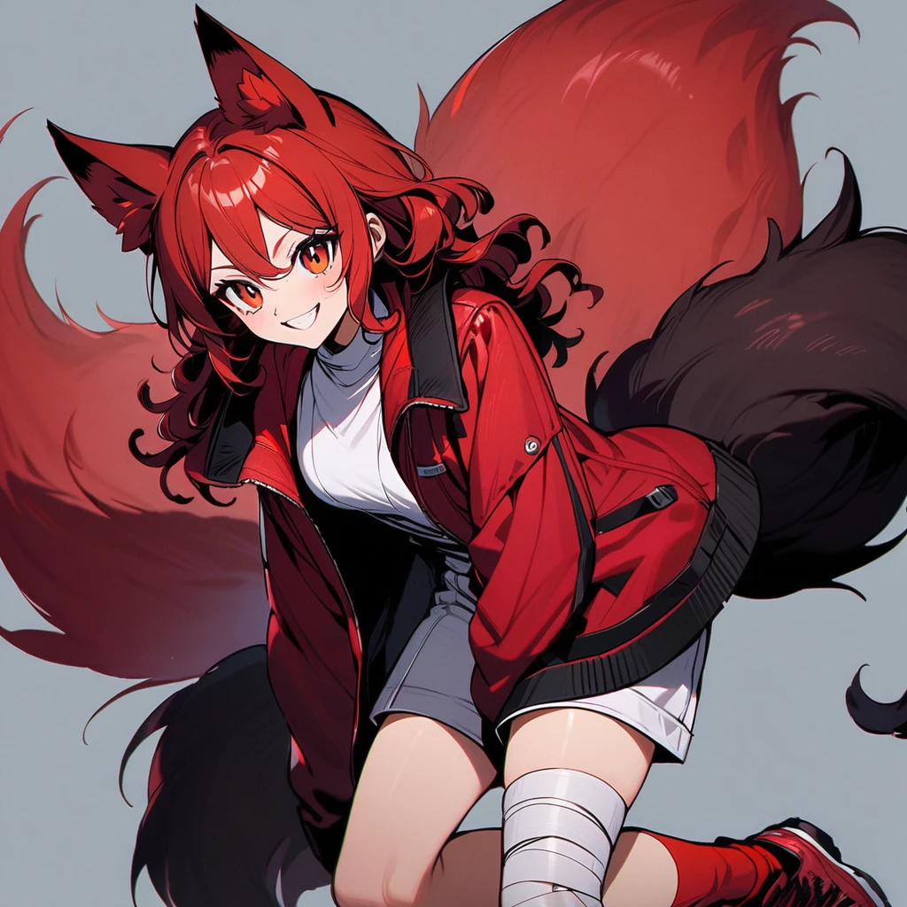 (well done:1) woman, short red, slightly wavy hair, red fox ears and tail, bulky red winter jacket with black details, white shirt, white shorts, bandage on the knee, red sneakers.