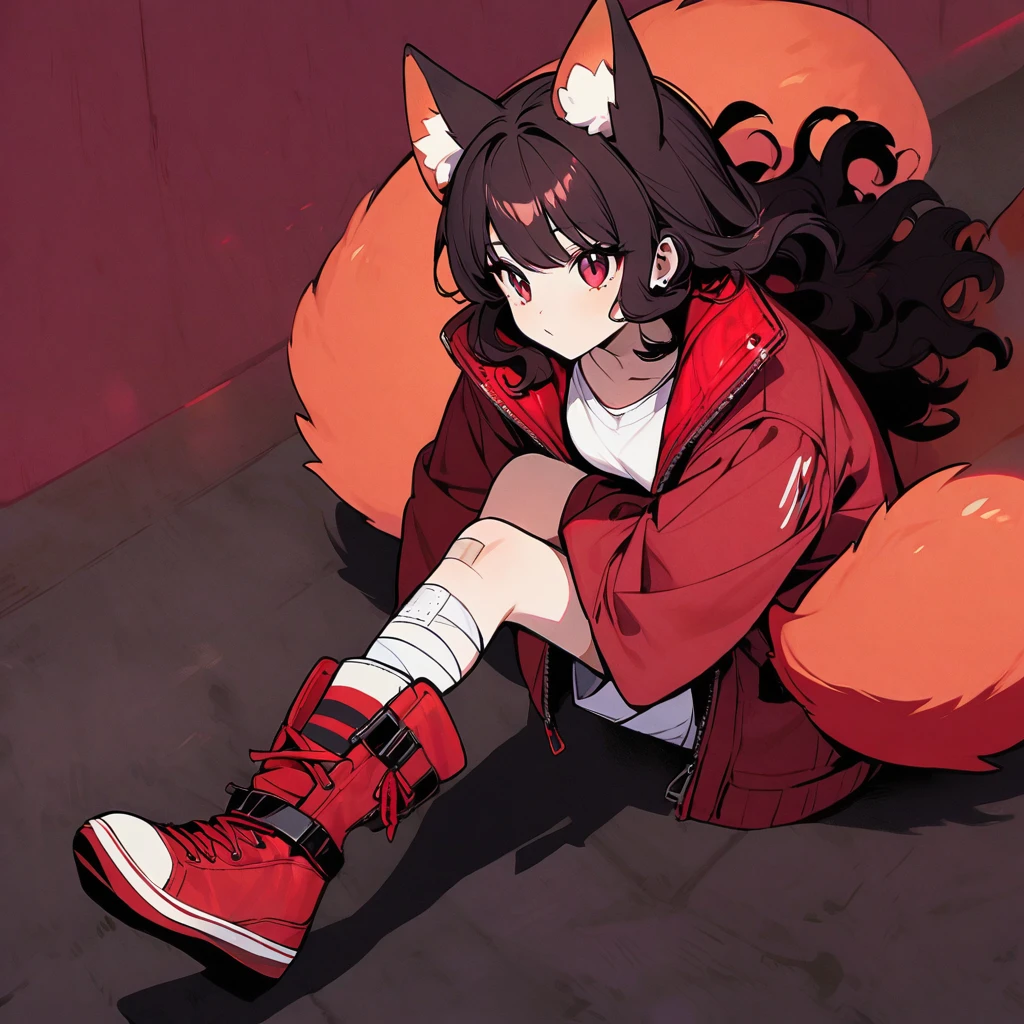 (well done:1) woman, short red, slightly wavy hair, red fox ears and tail, bulky red winter jacket with black details, white shirt, white shorts, bandage on the knee, red sneakers.