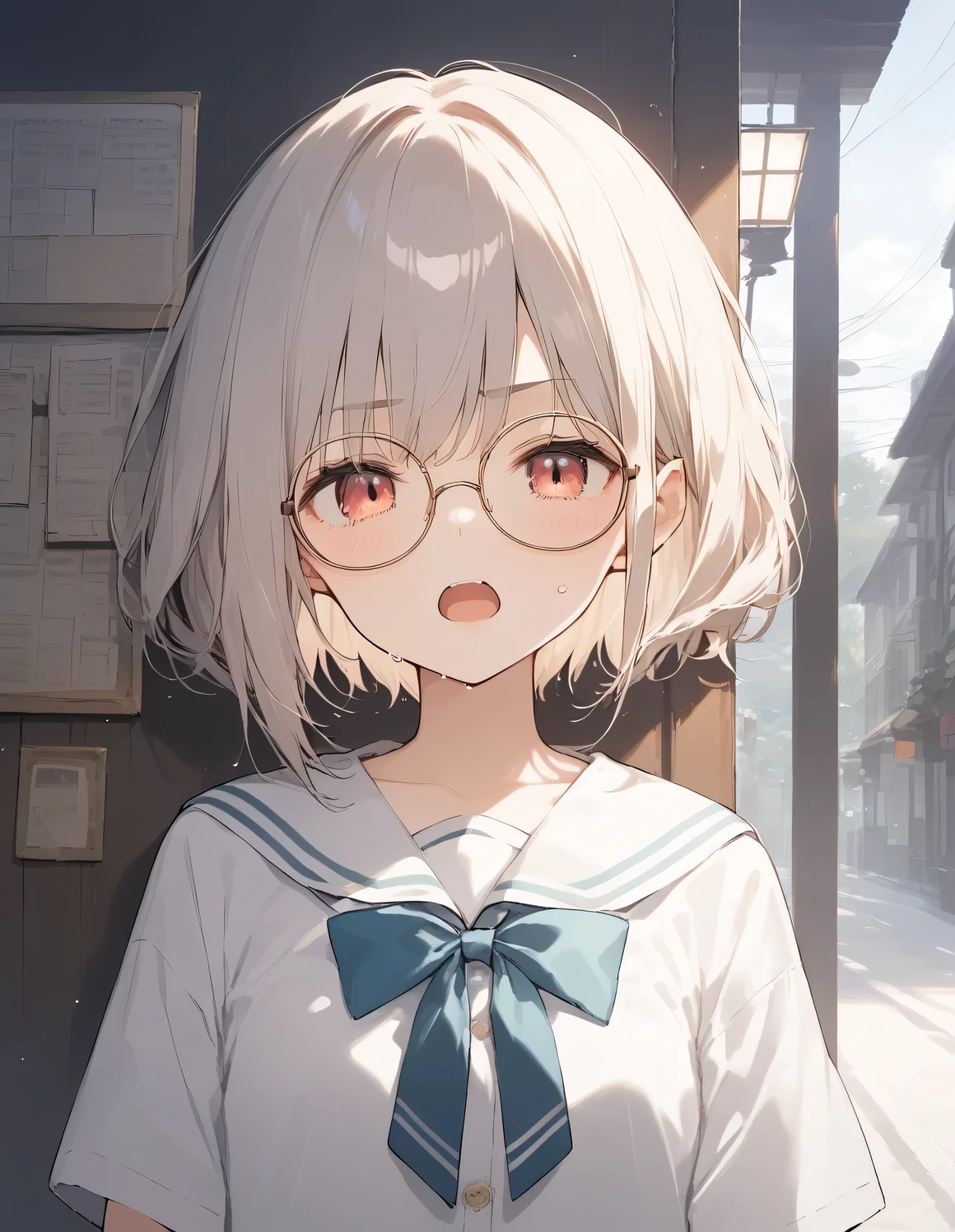 score_9, score_8_up, score_7_up, source_anime, best quality, masterpiece, official art, absurdres, highres, ultra-detailed,waifu2x,Collection: Slice of Life,break,1girl, short hair, glasses, serahuku, small breasts, disgusted eyes, beautiful detailed eyes, sweat, open mouth, (yawn:0.3), sleepily, outdoors, wing, break,(clear line illustration:1.2), super detailed skin,very high resolution, very aesthetic, Best sexual lighting powered by famous artist, 8k,cute picture,beauty illustration,photoshop_(medium),,(Detailed Lighting),best anime 8k konachan wallpaper, pixiv contest winner,