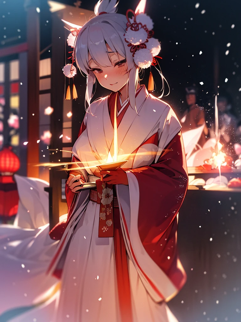 (Sumilux f1.4 50mm , low Latitude old color negative film , cross process , bokeh, flare, chromatic aberration , soft focus, (Shallow focus) , soft glow , Maximum aperture, High Key , Transparent depiction)  , kawaii hentai anime , Elegance  erotica , Japanese Heian period , Shrine maiden girl, kitsune mask , (round Maro eyebrows) , kimono , (Peony flowers blooming:0.8) , Snow is falling , steamy breath , Kagura Dance , passion , Drinking amazake , Drunkard , seduce , Hyakki yagyo emaki , Demons and monsters run rampant , Clothes come undone , semi nude