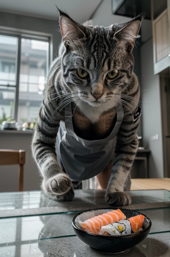 close-up photography (gray tabby cat is preparing sushi on the table:1.2), (c4ttitude:1.3), in a glass technology kitchen, very realistic, intricate details, (foggy:1.1), viewpoint from below