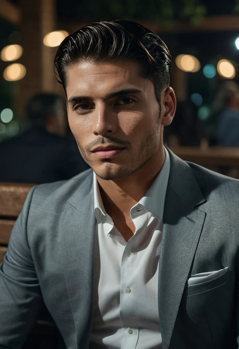 gu,a handsome man in a party, sitting on a bench, looking to the side, detailed facial features, sharp focus, 8k, photorealistic, professional photography, dramatic lighting, cinematic composition, elegant attire, high-quality, hyperrealistic, intricate details, flawless skin, intense gaze, natural expression, chiaroscuro lighting, dramatic shadows, warm color tones, sophisticated style, luxurious environment