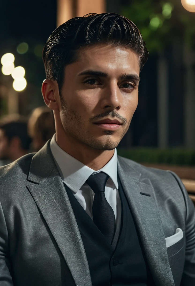 gu,a handsome man in a party, sitting on a bench, looking to the side, detailed facial features, sharp focus, 8k, photorealistic, professional photography, dramatic lighting, cinematic composition, elegant attire, high-quality, hyperrealistic, intricate details, flawless skin, intense gaze, natural expression, chiaroscuro lighting, dramatic shadows, warm color tones, sophisticated style, luxurious environment