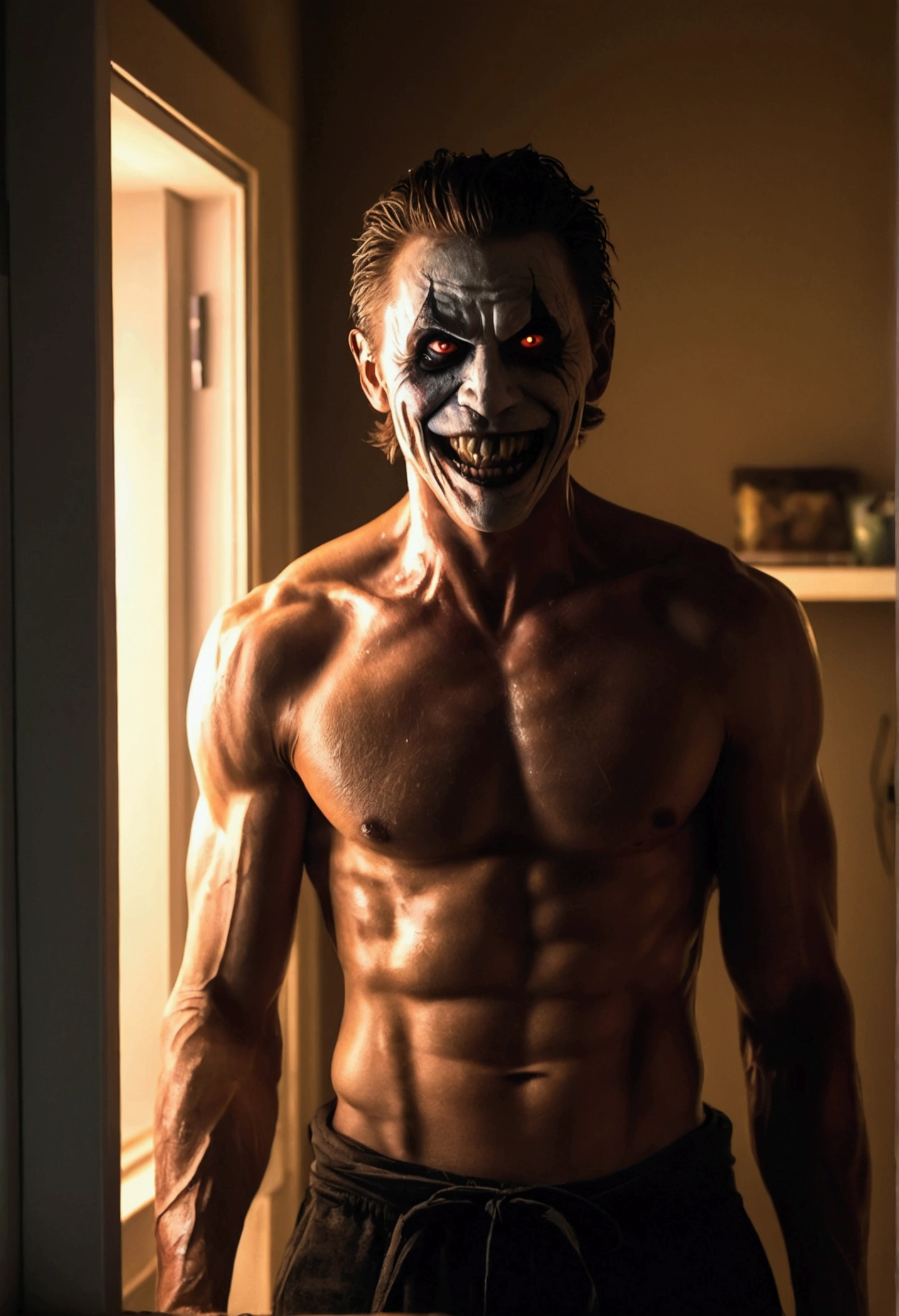 fictional scary male creature with glowing white eyes has a scary smile with sharp teeth has a fit athletic physique wears no shirt is holding a knife , in cum bedroom scenario at night , light coming through the window , front view , 4K , best qualityer , high détail , Masterpiece artwork