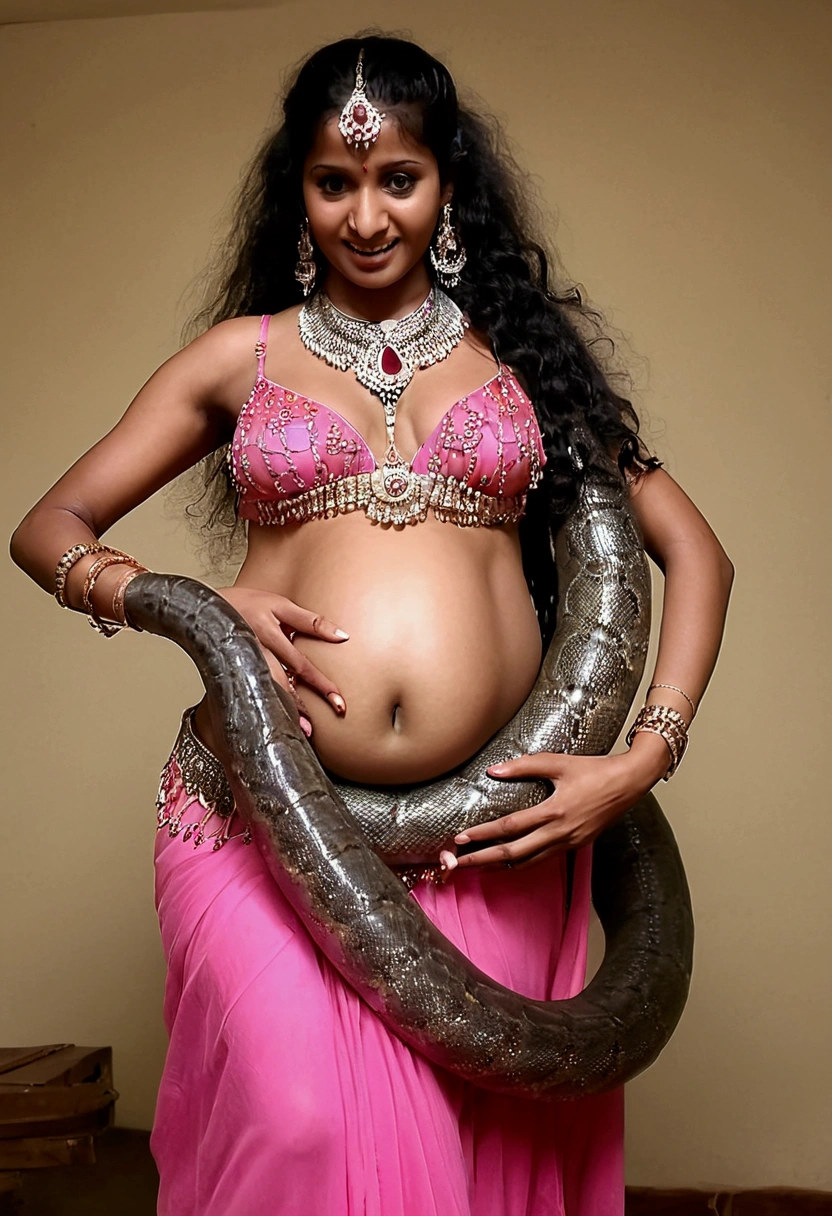 Pregnant Happy Horny, aroused 1girl), beautiful indian young belly dancer wearing pink thong with giant colossal Kaa monster squeezing her hard, wrapped in thick spiraling coils, constricted, struggle, gasping for air, snake attack, snake peril,