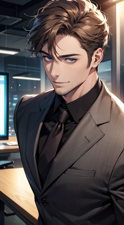 (best quality,4k,8k,highres,masterpiece:1.2),ultra-detailed,(realistic,photorealistic,photo-realistic:1.37),1 man,31 years old,mature man,very handsome,without expression,smile,short grey brown hair,blue eyes,penetrating gaze,perfect face without errors,imposing posture,businessman,office background,cinematic lighting,hdr image