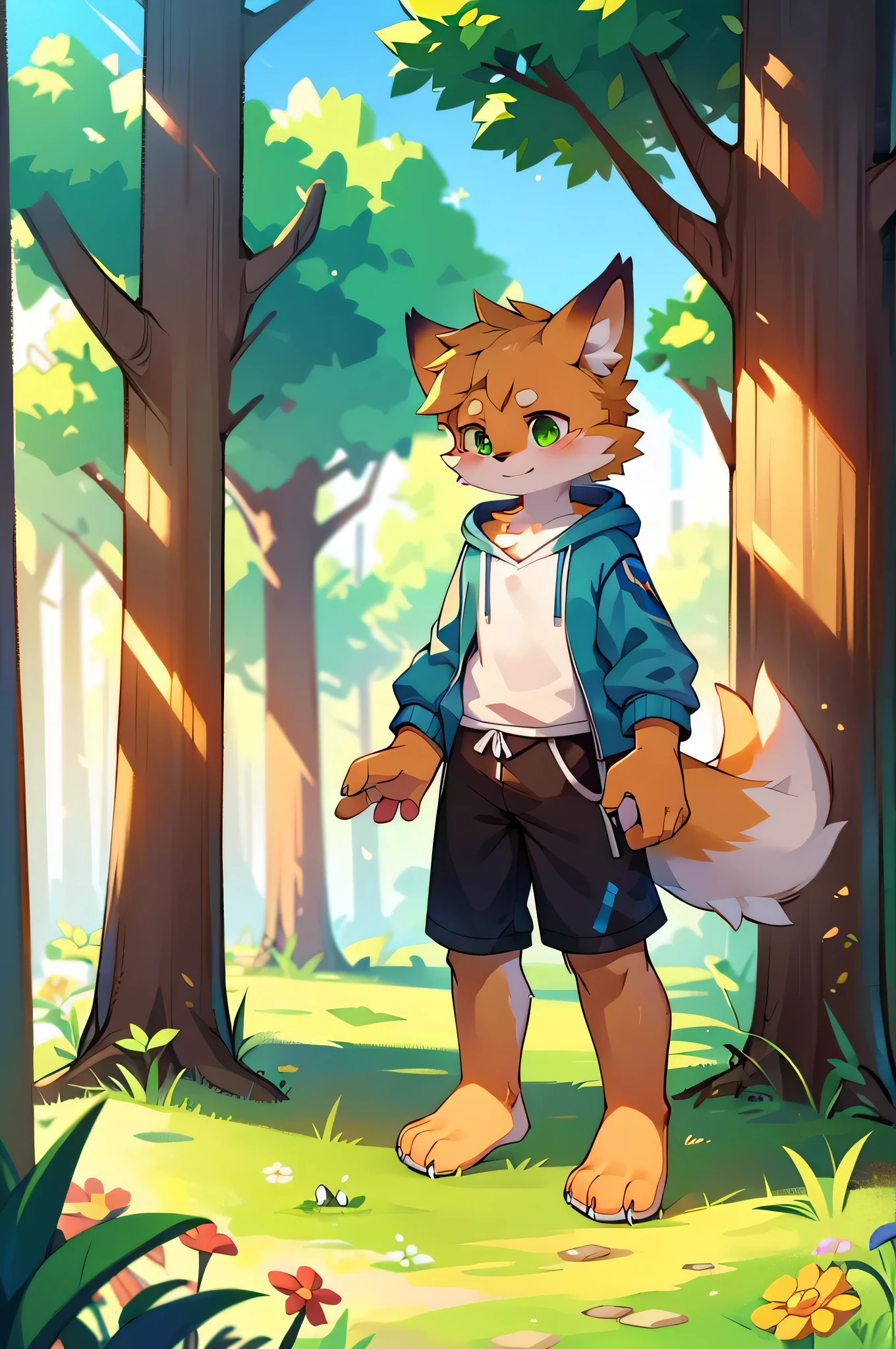Furry,Fox,boy,8k resolution,最High resolution, High resolution,Wearing a hoodie,Green Eyes,summer,Stand on your feet,Two legs,Five fingers on a hand,Five toes,tall,:tall stature,fit,medium,Standard