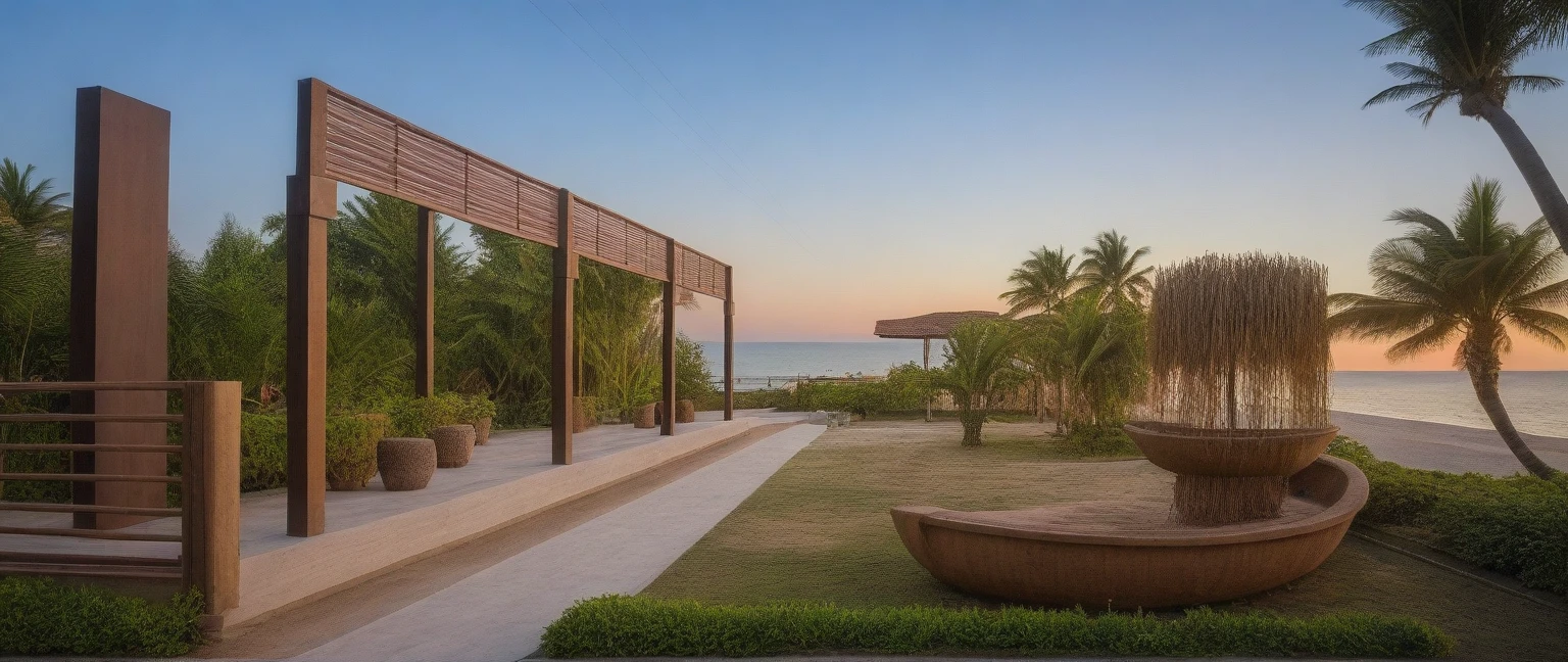 headquarter of Local caft Resort , coconut trees, greenery landscape, along the white beach, clear sky, sunrise time, warm lighting RAW Photo, RAW texture, Super Realistic, 32K UHD, DSLR, soft lighting, high quality, film rating, Fujifilm XT3