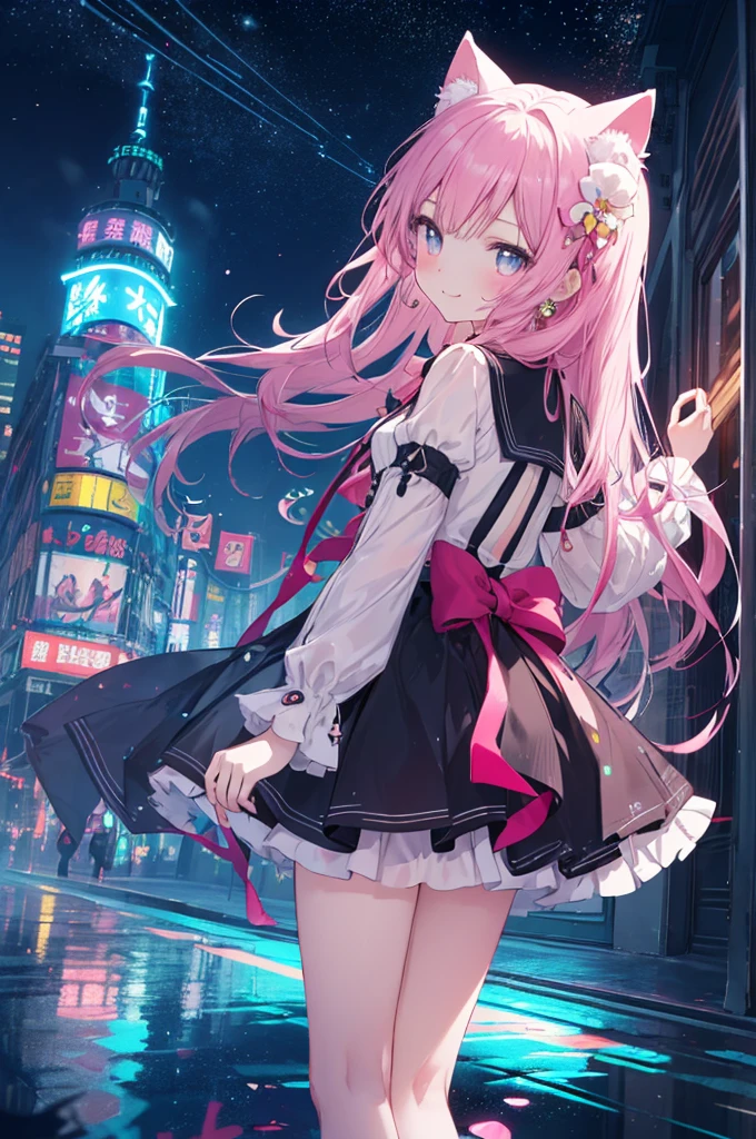 Absurd, High resolution, (Anime Style:1.1), ((Tabletop)), ((Highest quality)), (Very detailed), (beautiful), alone, beautiful face、(lift),12 years old、beautiful Fine Star々、Cute girl in cute clothes standing on high hill、私はとてもbeautifulです, Delicate and detailed urban night view、One Girl、beautiful colorful hair, Colorful eyes,View your audience,Lens flare,dramatic, From the back、Whole Body Ezbian、Low - Angle、(Neon Light、Accessories for girls who shine with reflection:1.3)、Laughter, Cat ear, A small smile