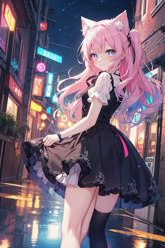 Absurd, High resolution, (Anime Style:1.1), ((Tabletop)), ((Highest quality)), (Very detailed), (beautiful), alone, beautiful face、(lift),12 years old、beautiful Fine Star々、Cute girl in cute clothes standing on high hill、私はとてもbeautifulです, Delicate and detailed urban night view、One Girl、beautiful colorful hair, Colorful eyes,View your audience,Lens flare,dramatic, From the back、Whole Body Ezbian、Low - Angle、(Neon Light、Accessories for girls who shine with reflection:1.3)、Laughter, Cat ear, A small smile