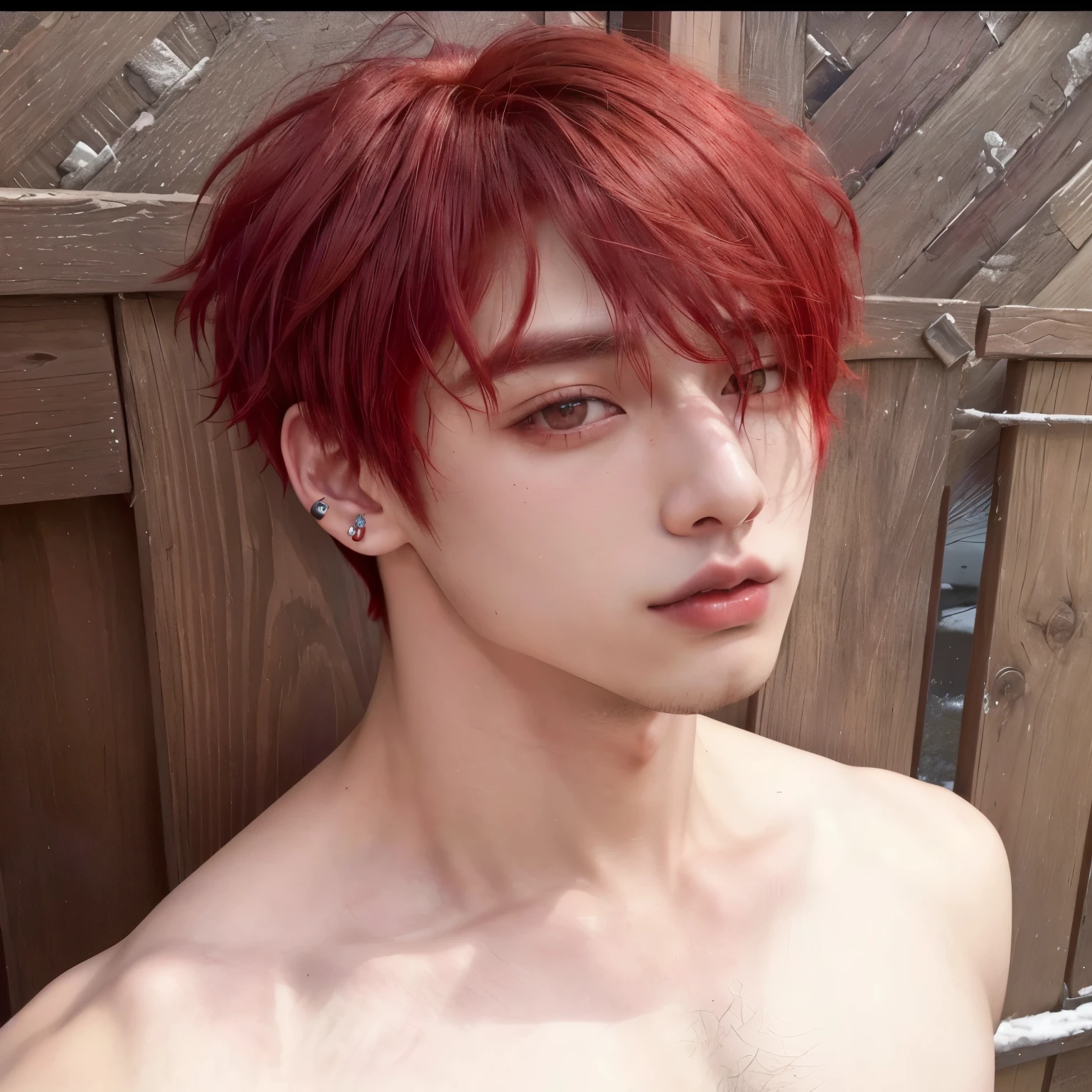 arafed man with red hair and piercings posing for a picture, jungkook, Kim Doyoung, Cai Xukun, Jinyoung Shin, Ulzzang spacious, smooth red skin, cute japanese demon boy, Hyung Tae, with red hair, Tae June Kim, with short hair, red hair and attractive features, red dyed hair, with the same hairstyle, Jinyoung Shin aesthetic
