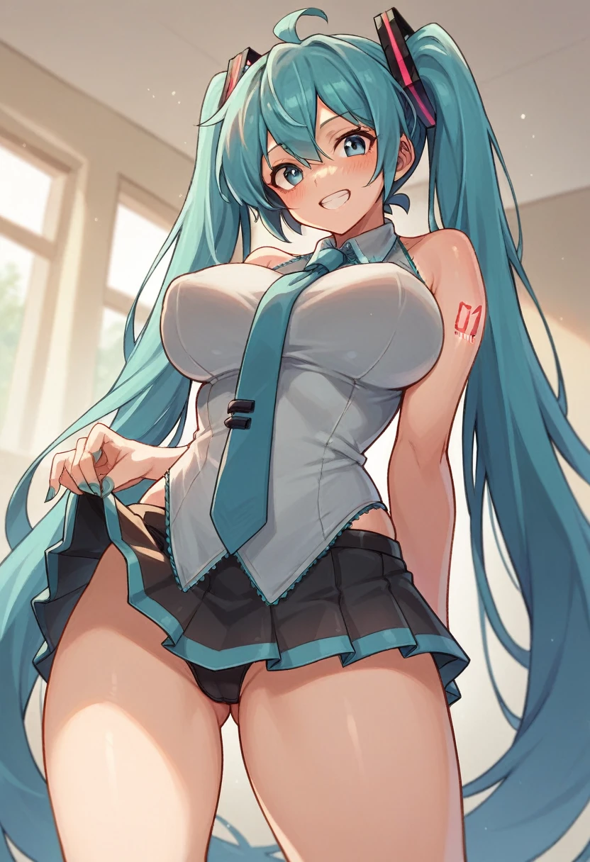 Hatsune miku smiling with big breasts and thighs