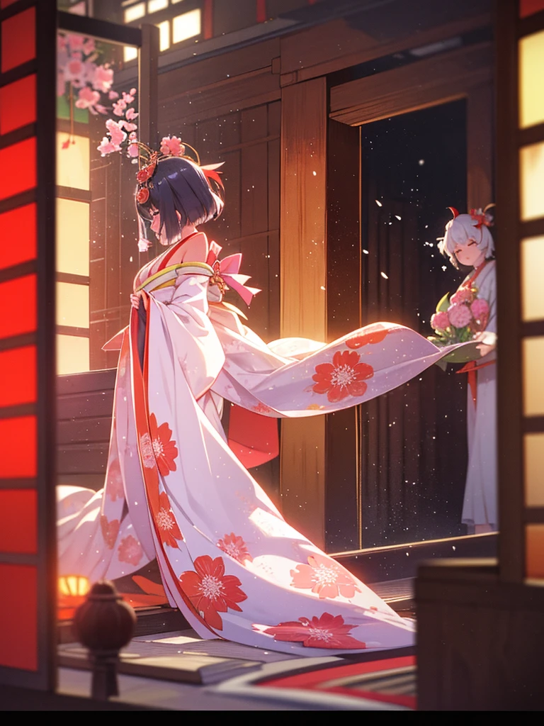 (Sumilux f1.4 50mm , low Latitude old color negative film , cross process , bokeh, flare, chromatic aberration , soft focus, (Shallow focus) , soft glow , Maximum aperture, High Key , Transparent depiction) , kawaii hentai anime , Elegance erotica , Japanese Heian period , Shrine maiden girl, kitsune mask , (round Maro eyebrows) , kimono , (Peony flowers blooming:0.8) , Snow is falling , steamy breath , Kagura Dance , passion , Drinking amazake , Drunkard , seduce , Hyakki yagyo emaki , Demons and monsters run rampant , Clothes come undone , semi nude
