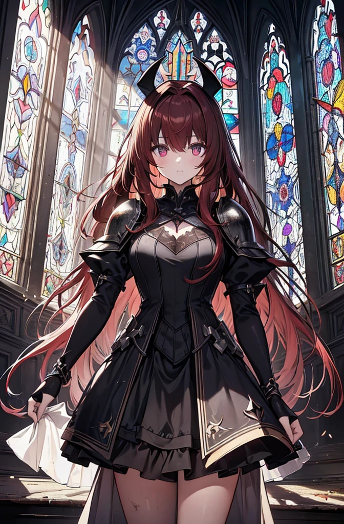 extremelydetailedwallpaper, Ultra-detailed details, detailed shadow, very precise detail, Extremely detailed 8k wallpaper, very fine 8KCG wallpapers,An old abandoned church. Her black dress was torn and stained in some places. red hair was long and fluffy. Light enters through cracked stained glass windows.((black knight costume)),