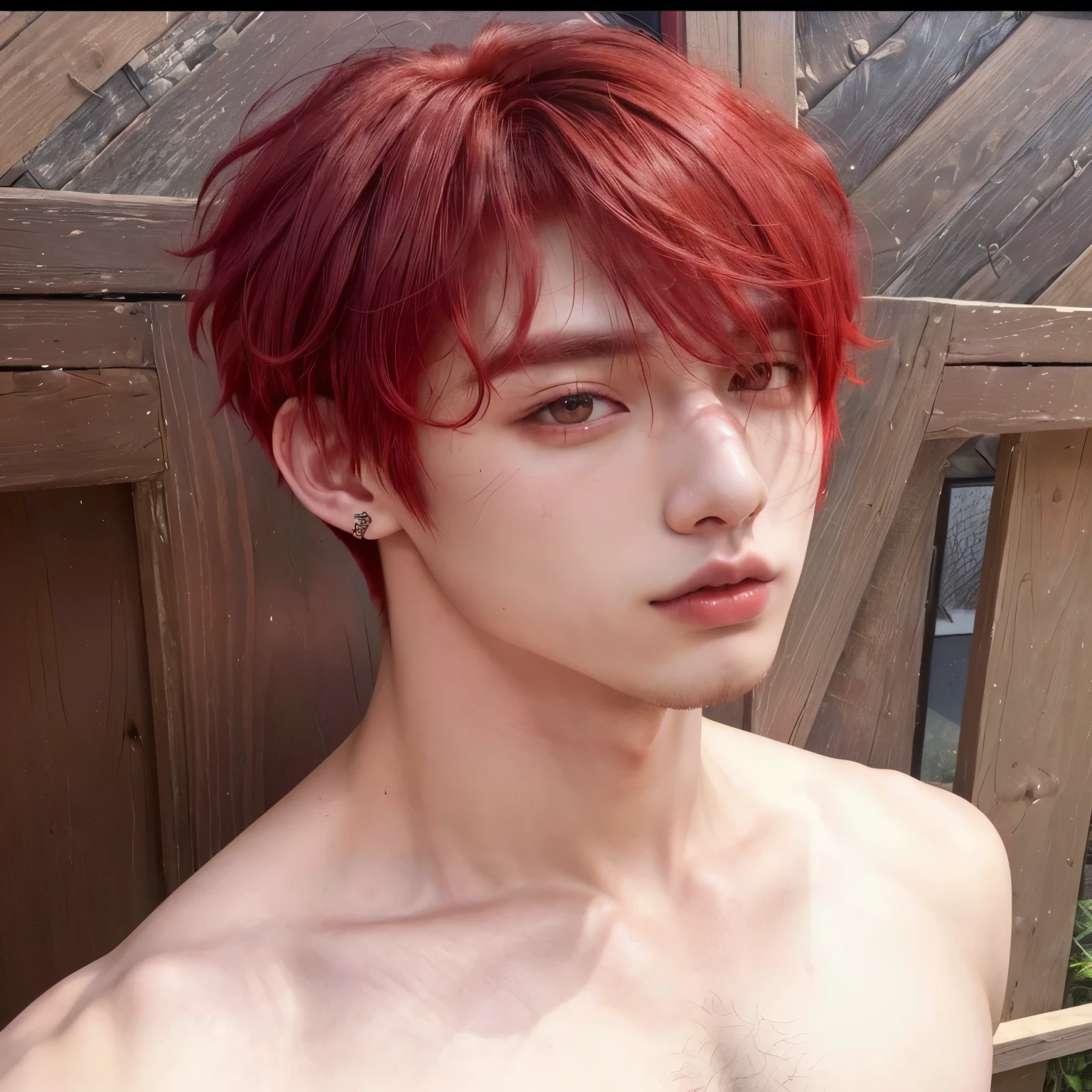 arafed man with red hair and piercings posing for a picture, jungkook, Kim Doyoung, Cai Xukun, Jinyoung Shin, Ulzzang spacious, smooth red skin, cute japanese demon boy, Hyung Tae, with red hair, Tae June Kim, with short hair, red hair and attractive features, red dyed hair, with the same hairstyle, Jinyoung Shin aesthetic