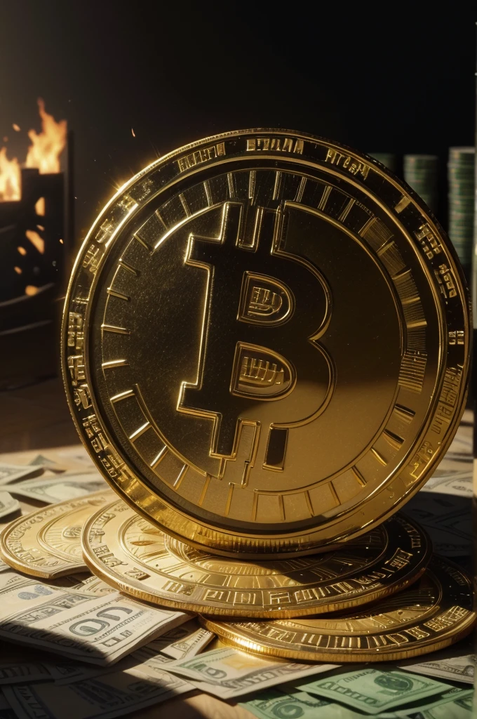 A highly detailed, photorealistic illustration of the bitcoin currency symbol surrounded by a large pile of burning dollar bills, with dramatic cinematic lighting and an ultra-detailed, HDR-quality render in 8K resolution, featuring a side-lit scene with beautiful sunlight and clear, clear lighting.