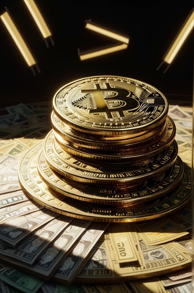 A highly detailed, photorealistic illustration of the bitcoin currency symbol surrounded by a large pile of burning dollar bills, with dramatic cinematic lighting and an ultra-detailed, HDR-quality render in 8K resolution, featuring a side-lit scene with beautiful sunlight and clear, clear lighting.