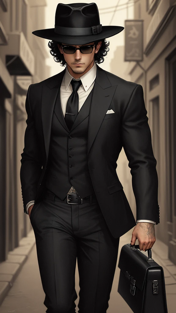 Create a cartoon-style character inspired by a mysterious detective. The character should wear a wide-brimmed black hat, black sunglasses, and have voluminous curly hair. He should be dressed in a black suit with a red shirt underneath, and a bright yellow tie. The character should be holding a gray briefcase in one hand. His expression should be confident and charismatic, with a slight smirk on his face. The background can be a dark alley or a dimly lit city street to emphasize the mysterious and noir atmosphere