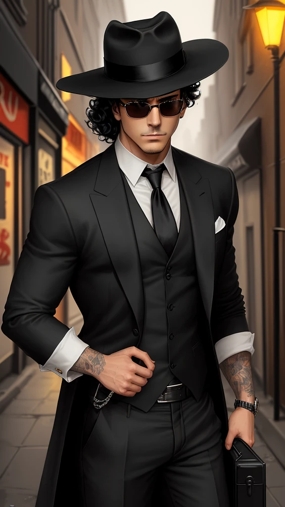 Create a cartoon-style character inspired by a mysterious detective. The character should wear a wide-brimmed black hat, black sunglasses, and have voluminous curly hair. He should be dressed in a black suit with a red shirt underneath, and a bright yellow tie. The character should be holding a gray briefcase in one hand. His expression should be confident and charismatic, with a slight smirk on his face. The background can be a dark alley or a dimly lit city street to emphasize the mysterious and noir atmosphere
