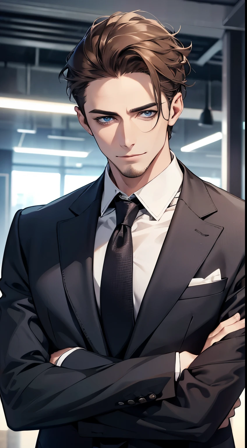 (best quality,4k,8k,highres,masterpiece:1.2),ultra-detailed,(realistic,photorealistic,photo-realistic:1.37),1 man,31 years old,mature man,very handsome,without expression,smile,short grey brown hair,blue eyes,penetrating gaze,perfect face without errors,imposing posture,businessman,office background,cinematic lighting,hdr image