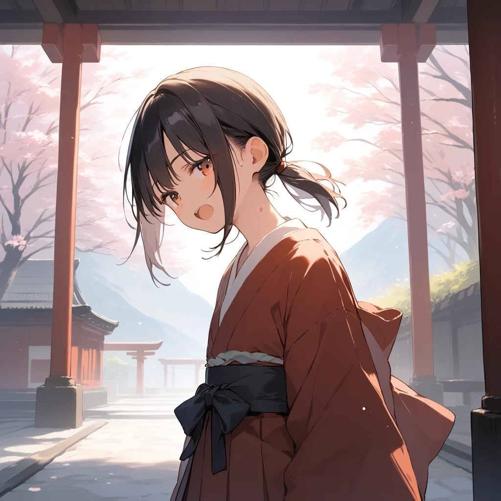 score_9, score_8_up, score_7_up, source_anime, best quality, masterpiece, official art, absurdres, highres, ultra-detailed,waifu2x,Collection: Slice of Life,break,1girl, tomboy, dark-skinned female, short hair, low ponytail, flat chest, beautiful detailed eyes, miko, hakama, sweat, open mouth, (yawn:0.3), sleepily, outdoors, shrine, wind,break,(clear line illustration:1.2), super detailed skin,very high resolution, very aesthetic, Best sexual lighting powered by famous artist, 8k,cute picture,beauty illustration,photoshop_(medium),,(Detailed Lighting),best anime 8k konachan wallpaper, pixiv contest winner, 