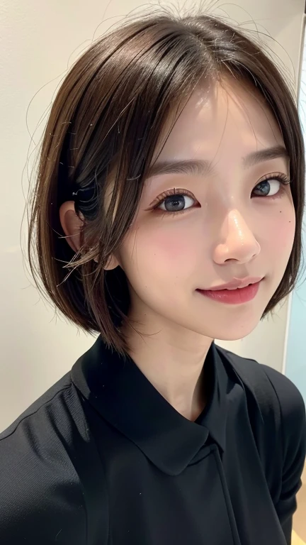 (((Close-up of face)))、(((Absolutely shoulder-length brown straight short bob)))、(((She is posing like a hair salon model, with a black wall indoors as the background.)))、(((Casual black winter long sleeves cover shoulders)))、Half Japanese, half Korean、18 year old girl、Standing Alone、Looking forward、Light eye makeup、Brown Hair Color、Flat and 、Hair blowing in the wind、Actress Quality、Glossy, ultra-realistic face、Smiling face、Watery eyes、Gazing Up、Subtle lighting effects、 Ultra-Realistic Capture、Very detailed、High resolution 16K close up of human skin。Skin texture must be natural、The details must be such that pores can be clearly seen、The skin is healthy、Uniform tone、Use natural light and colors、A worn-out, high-quality photo taken by a model agency&#39;s in-house photographer.、smile、(((SIGMA 300 mm F/1.4,1/1000 sec shutter,ISO 400)))
