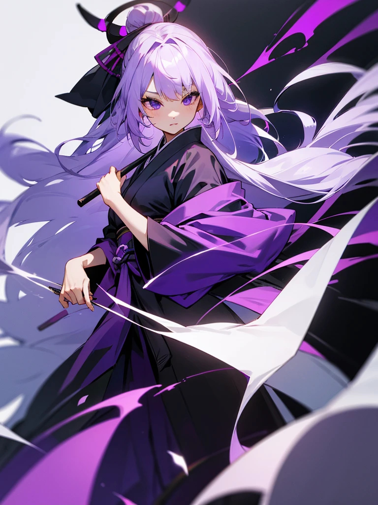 Look forward、On the left is a purple haori jacket draped over a black kimono.、Pure white hair、Purple hair tips