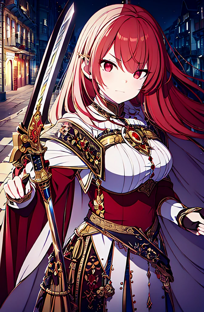 4k,hight resolution,One Woman,Bright red hair,Longhaire,red eyes,knights,white sacred armor,jewel decorations,Big sword,medieval town,furious,