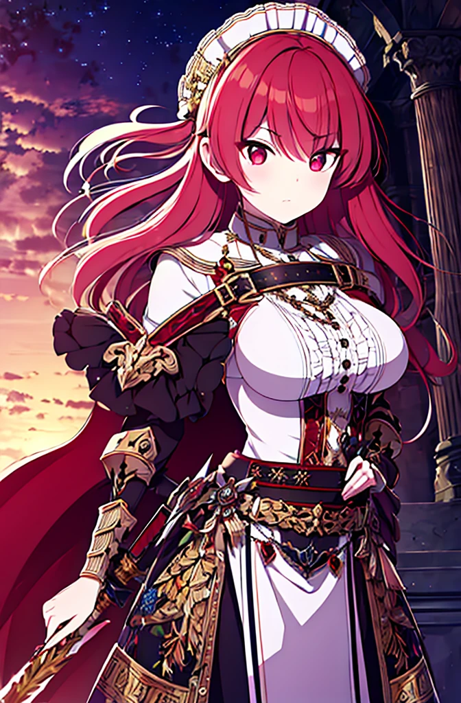 4k,hight resolution,One Woman,Bright red hair,Longhaire,red eyes,knights,white sacred armor,jewel decorations,Big sword,medieval town,furious,