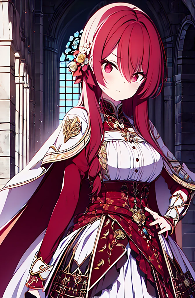 4k,hight resolution,One Woman,Bright red hair,Longhaire,red eyes,knights,white sacred armor,jewel decorations,Big sword,medieval town,furious,