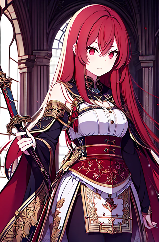 4k,hight resolution,One Woman,Bright red hair,Longhaire,red eyes,knights,white sacred armor,jewel decorations,Big sword,medieval town,furious,