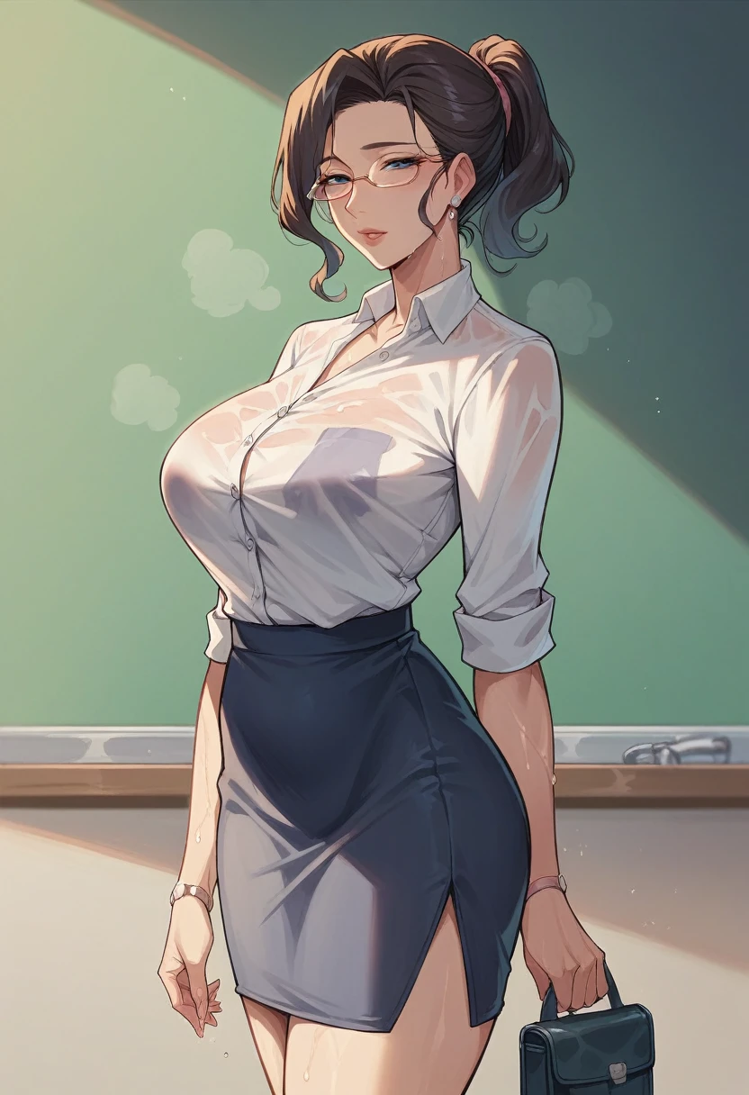 Lovely face,adult,Coquettish,mature,simple outfit,elegance,ponytail hair ,skirt, shirt,kabedon, teacher is wet after a shower