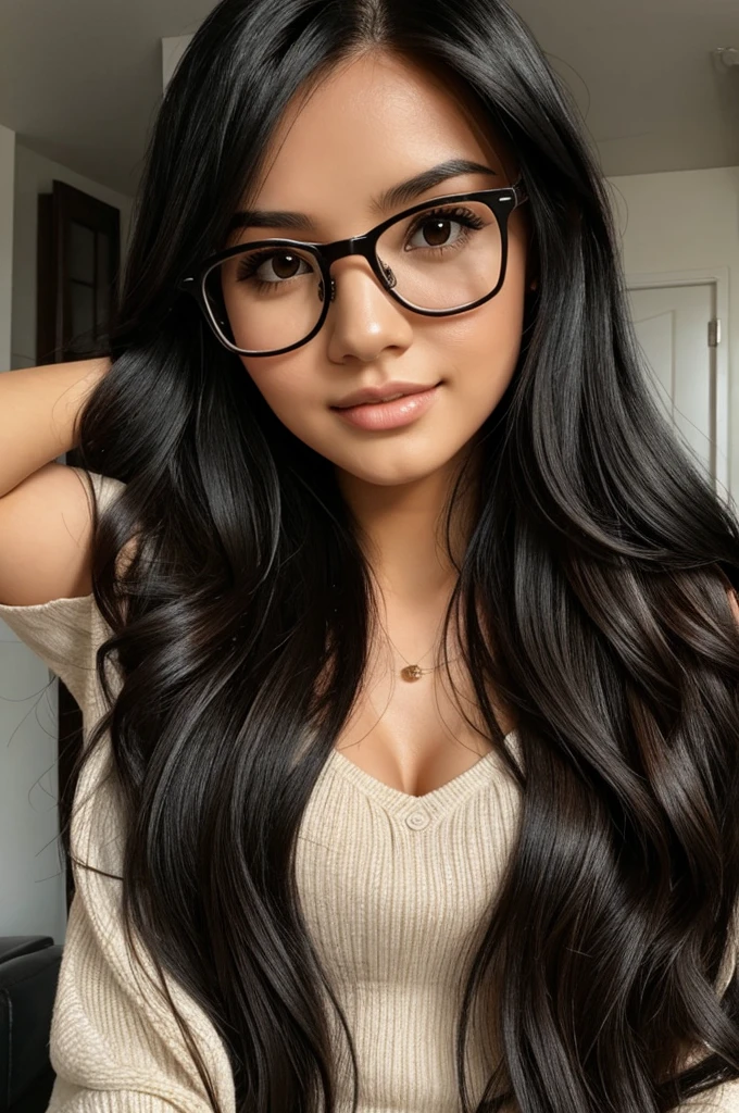 Girl with long black hair and brown eyes with glasses 
