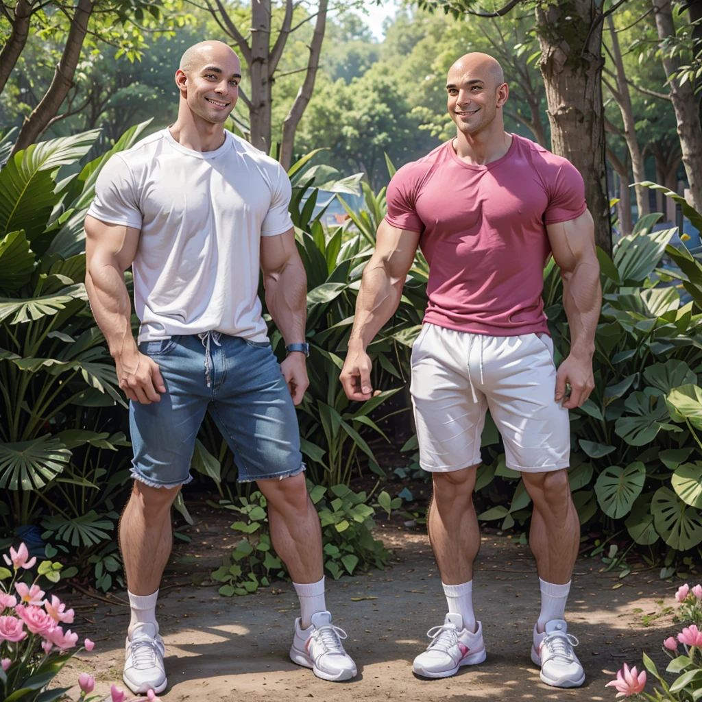 masterpiece, 8k, high resolution, best quality, ultra-detailed), 1 man and a woman together in the photo, the man is very tall, single, one person, bodybuilder, hot, perfect elongated face, handsome, bald, deep, detailed eyes, bald , shaved head, perfect body, 30 years old, muscular, very tall, pale skin, white skin, very tall (he is about 6 feet 5 inches, very muscular, smiling, sexual, winner, poses as a model, during the day, has light bright and dynamic sun, poses in a park with many trees and flowers, comfortable clothing, casual clothing, shirt, camisole, designer shirt, shorts, blue sneakers, all clothing Perfectly covers the extremely muscular body of the bodybuilder The man near the woman looking at each other, the man is taller than the woman A woman: Next to her is an Asian woman with a wavy face, smiling, long straight hair with curves at the ends, dressed in a pink t-shirt with short jeans, white socks and pink tennis shoes.