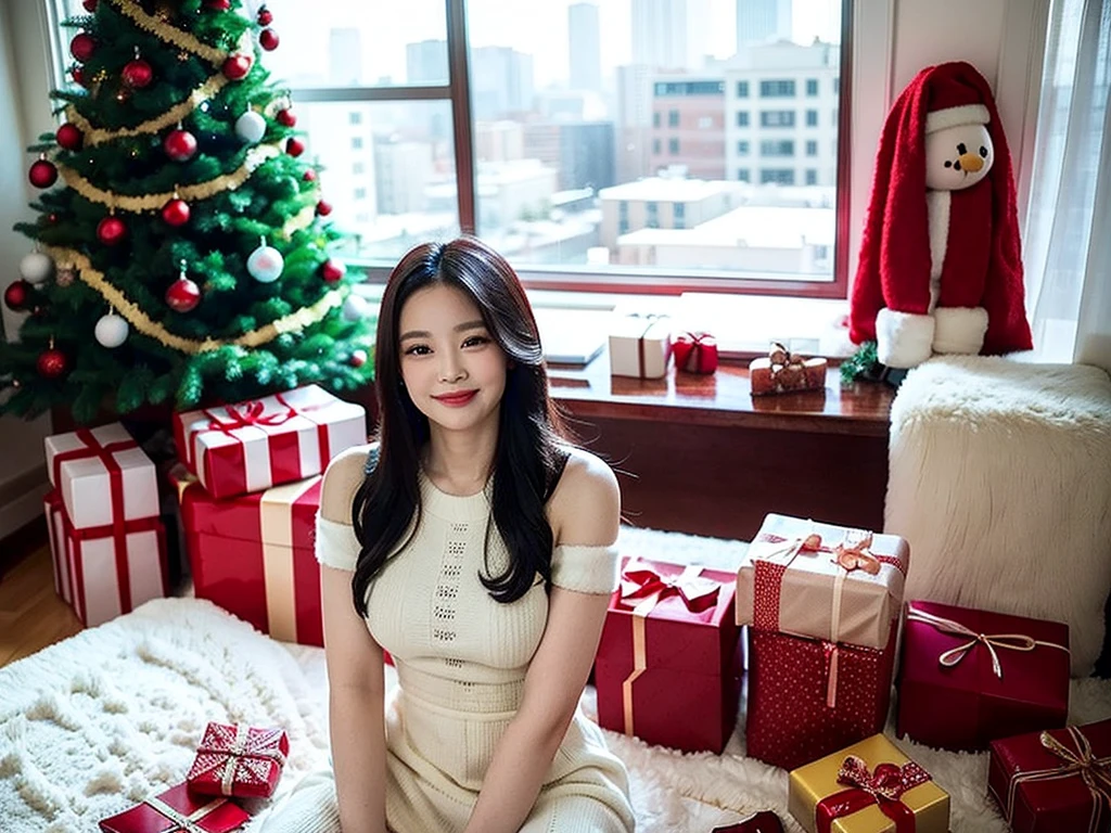 beautiful and kind woman
long black hair
smiling with a calm smile
big breasts
On Christmas day, the whole room is decorated with red decorations and beautiful lights
wearing a white dress
snow is piled up outside the window
Whole cakes and deep-fried food are also prepared on the desk
I live on the 11th floor of an apartment building.
no passersby
One person
There is a decorated medium-sized Christmas tree in the room.
Christmas presents are ready