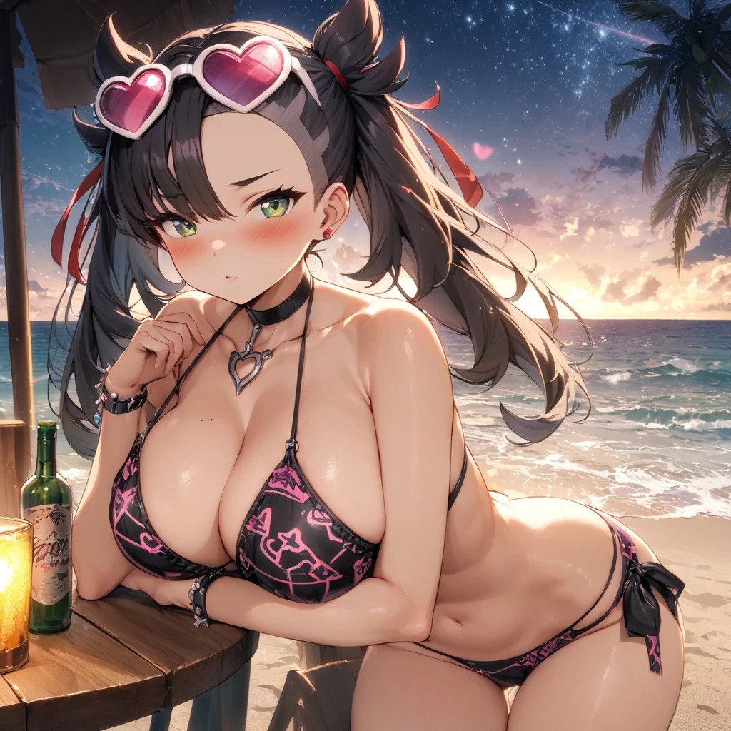 (masterpiece), best quality, expressive eyes, perfect face,1girl,gravure idol,big breasts,pink and black patterned string bikini,pink heart-shaped sunglases on head,strap gap,beach,beach bar,blush,cowboy shot,looking at viewer 
, red ribbon, asymmetrical bangs, twintails, green eyes, hair ribbon, black hair, marnie, heart pendant,night,starry sky