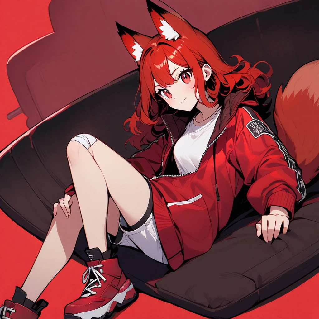 (well done:1) woman, short red, slightly wavy hair, red fox ears and tail, bulky red winter jacket with black details, white shirt, white shorts, bandage on the knee, red sneakers.