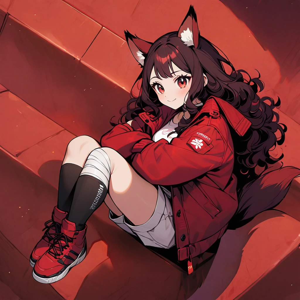 (well done:1) woman, short red, slightly wavy hair, red fox ears and tail, bulky red winter jacket with black details, white shirt, white shorts, bandage on the knee, red sneakers.