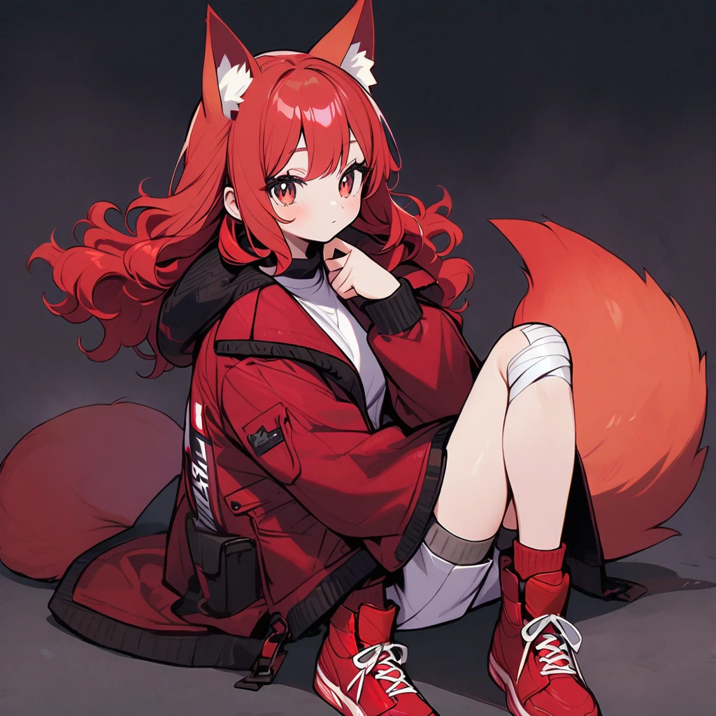 (well done:1) woman, short red, slightly wavy hair, red fox ears and tail, bulky red winter jacket with black details, white shirt, white shorts, bandage on the knee, red sneakers.